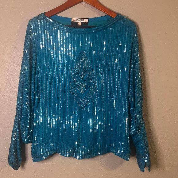 VTG I Magnin Womens Teal Blouse sz M with glass beading Retro Formal Feminine